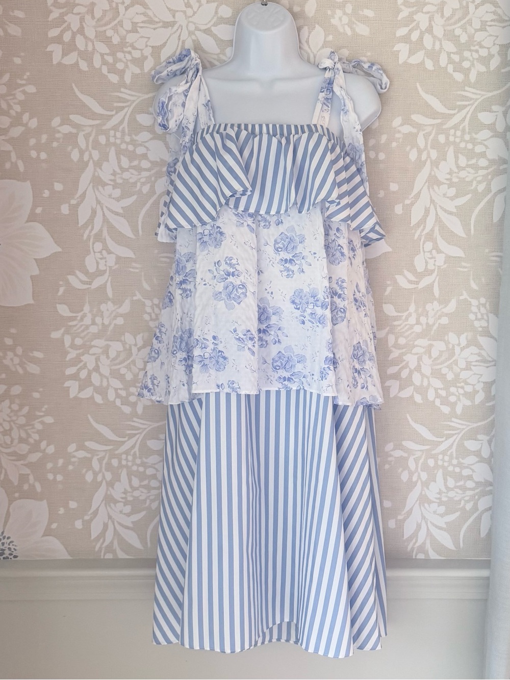English Factory Mixed Print Mini Dress XS Fits S/M Blue White Boho NWOT